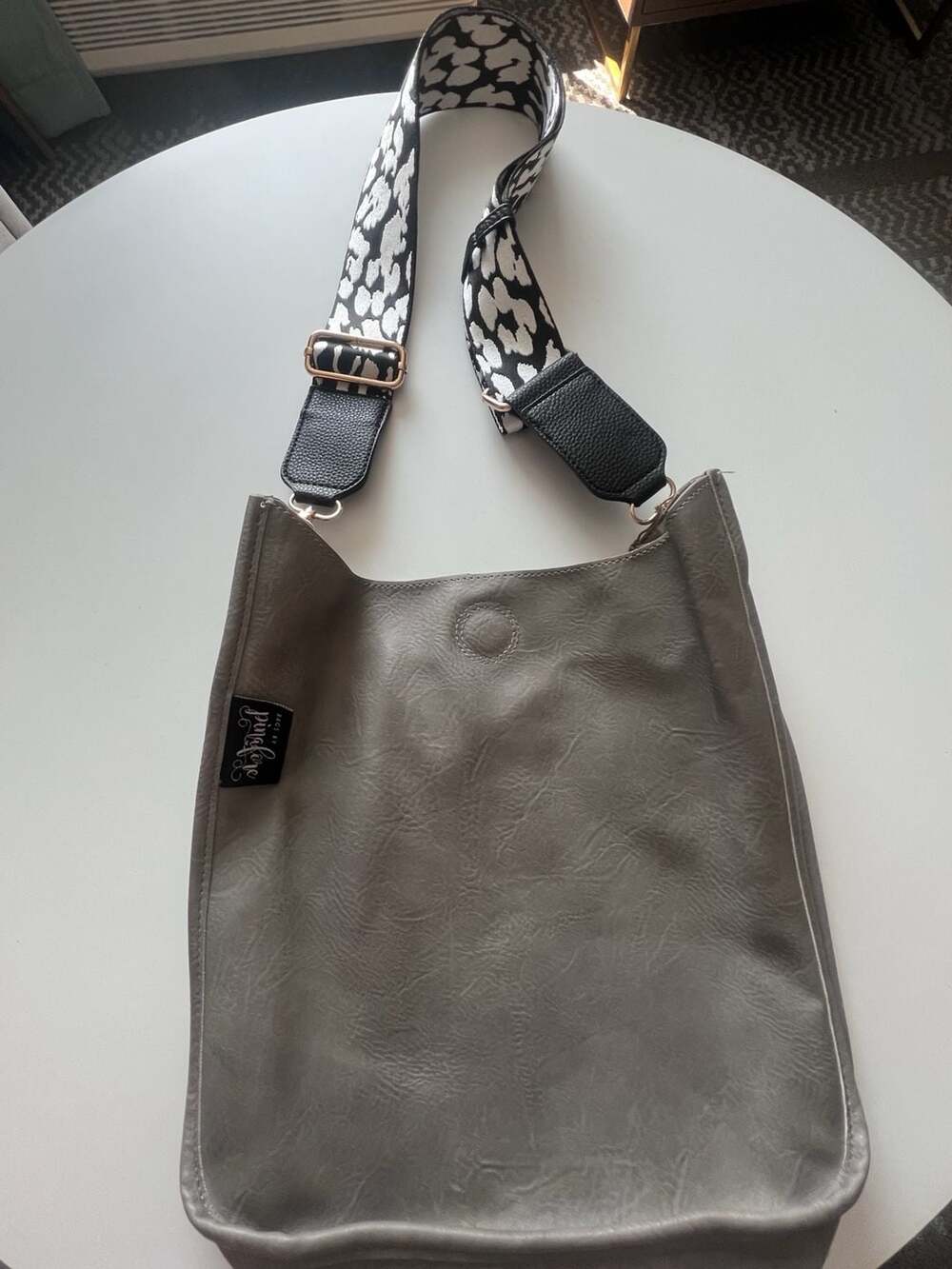 Bags By Pinafore Grey Vegan Leather Crossbody Bag with Patterned Guitar-Style St